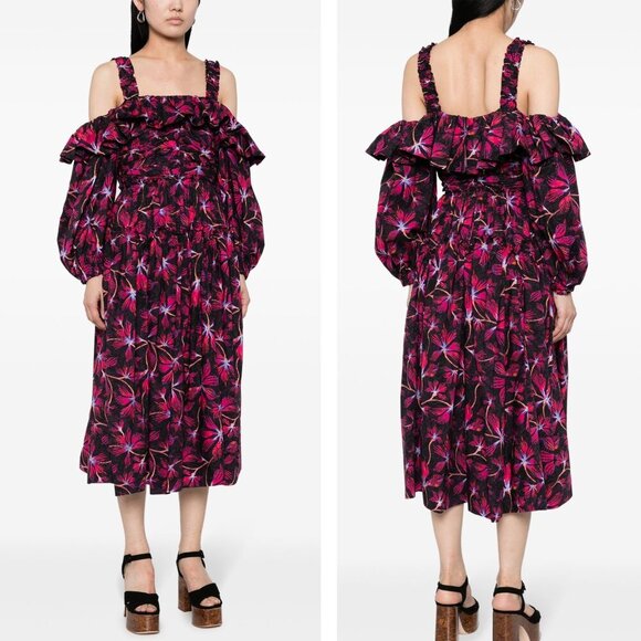 New! Ulla Johnson Caprice Purple Red Floral Print Cotton Midi Dress 22746 - Picture 3 of 15
